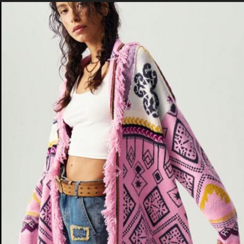 Shein Boho Open Front Fringe Evil Eye Pink Cardigan Sz Large NWOT